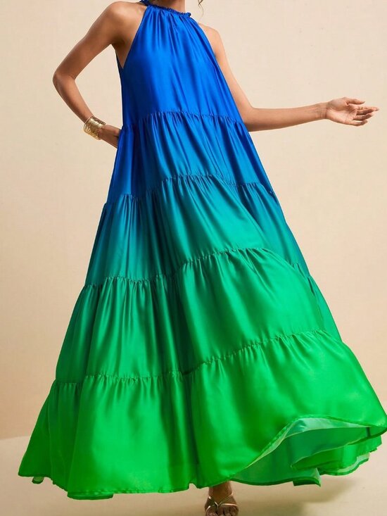 Dresses & Skirts - Dusty Blue Elegant Women's Ombre Sleeveless Ruched With Floral Print